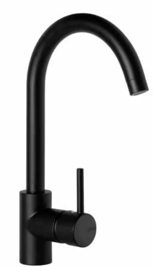 Black matte kitchen faucet with a tall curved spout and a single lever handle on the side.