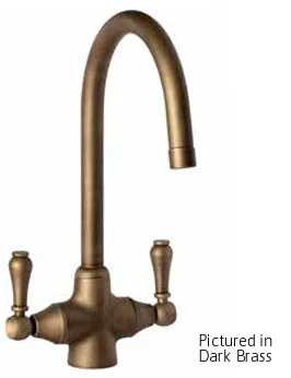 Two-handle dark bronze kitchen faucet with a tall, curved high-arc spout.